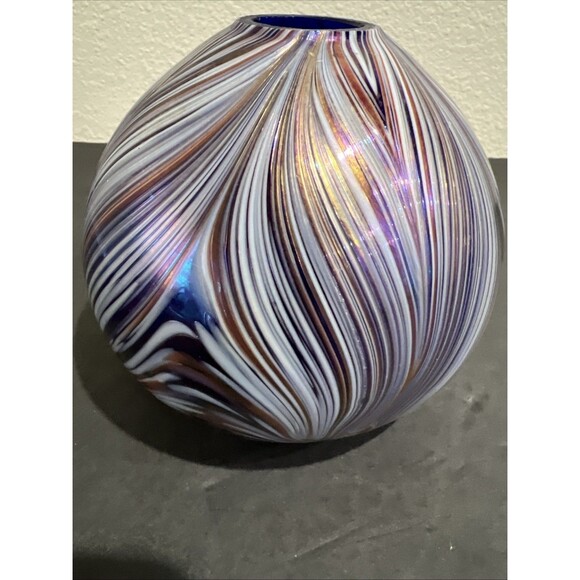 Art Glass Globe Vase with Purple Blue Brown Swirls Sphere Vintage - Picture 5 of 15